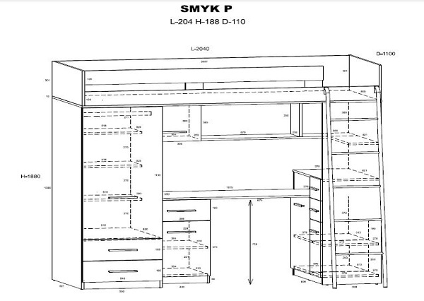 שרטוט של מיטת גלריה SMYK P