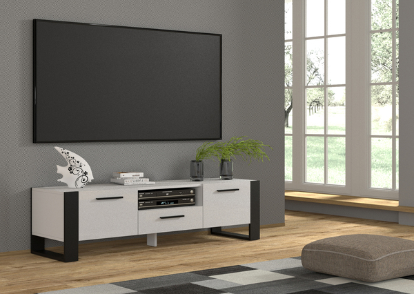 מזנון טלוויזיה לבן בעל מסגרת רגליים שחורות NUKA 160