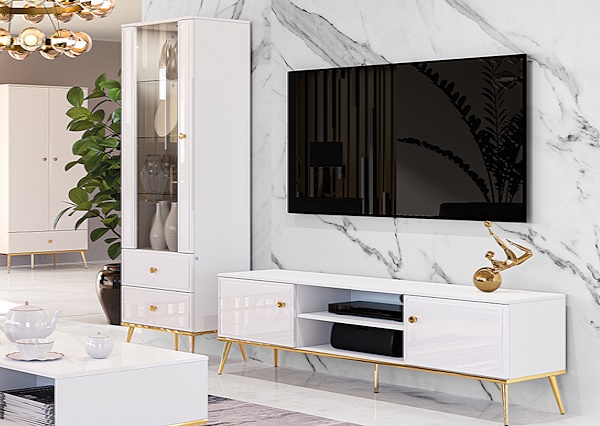 מזנון טלוויזיה בצבע לבן עם אביזרים ורגליים בצבע זהב GOLDIN 14